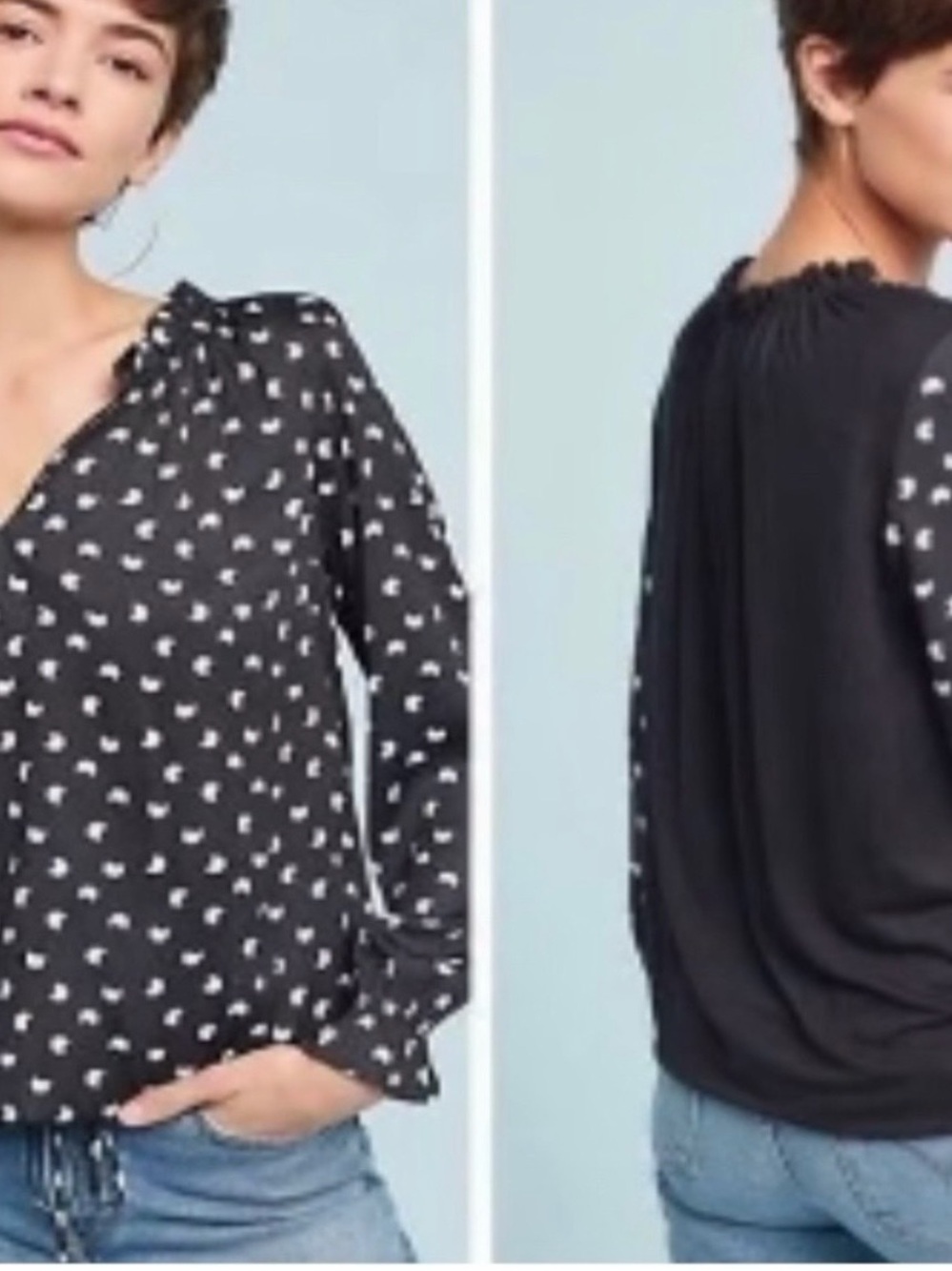 Anthropologie Dolan Black Printed V-Neck Long-Sleeve Blouse
